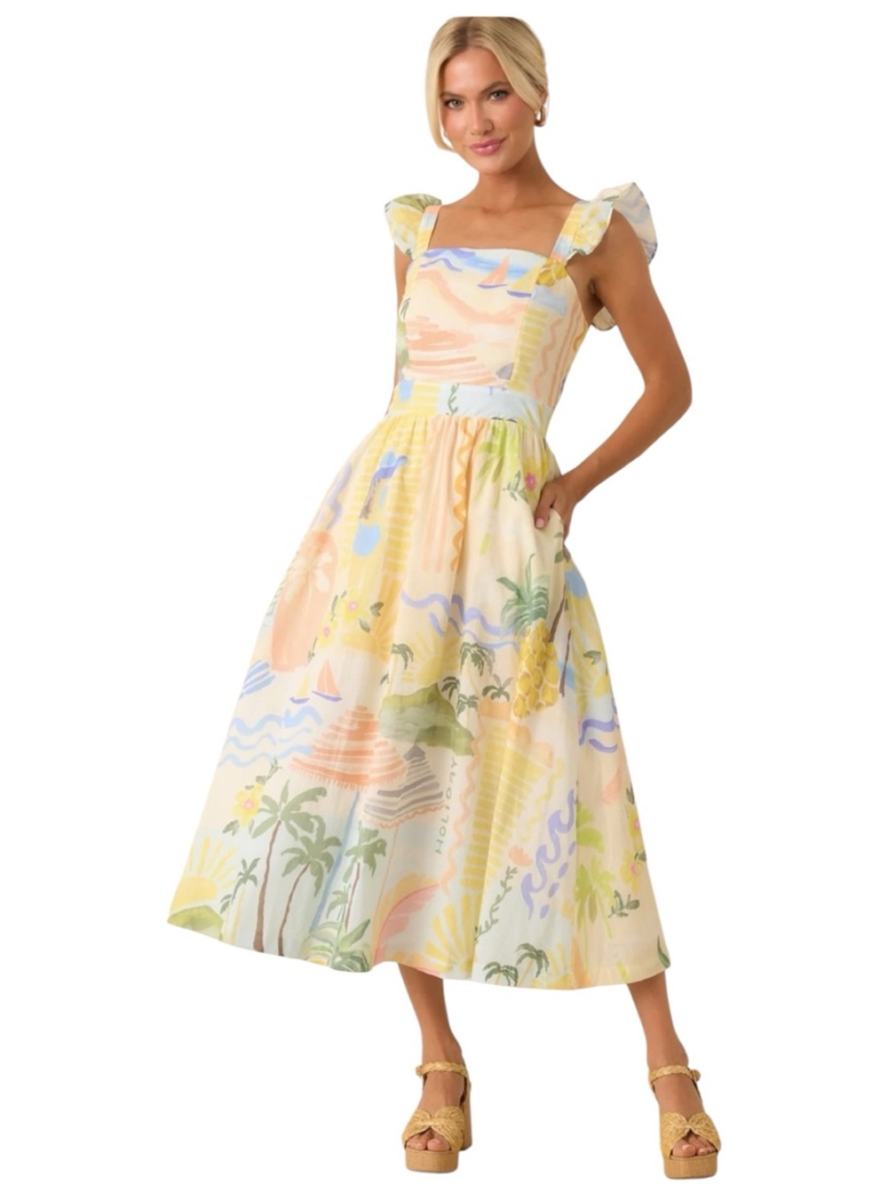 Prosperina Nicola Multi Print Holiday Vacation Cotton Midi Dress Size S